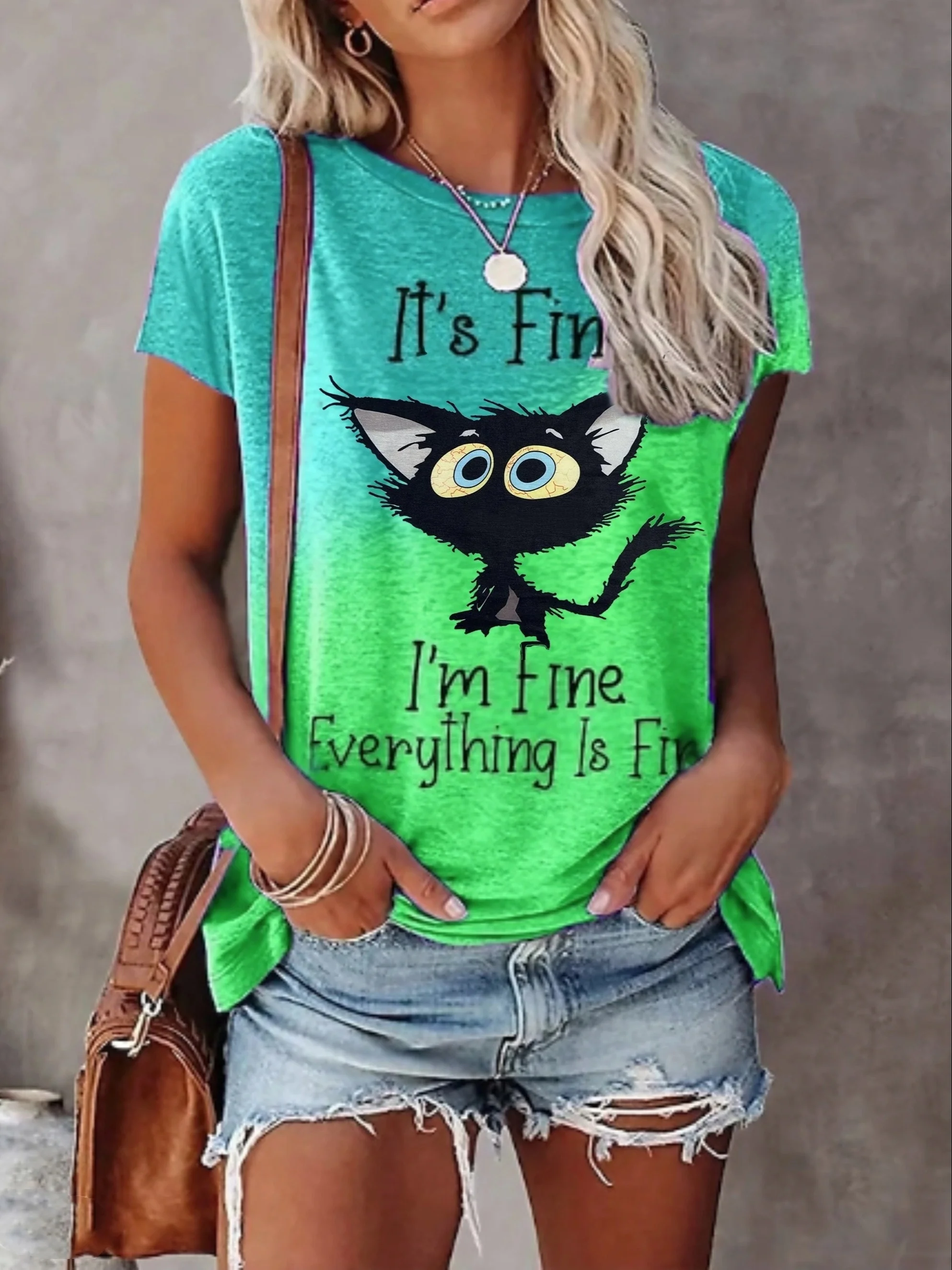 Funny Cat Print Women O-Neck T-Shirts Casual Style Pullover Loose Short Sleeves Oversized Tee Shirt Summer Female Clothing 2024