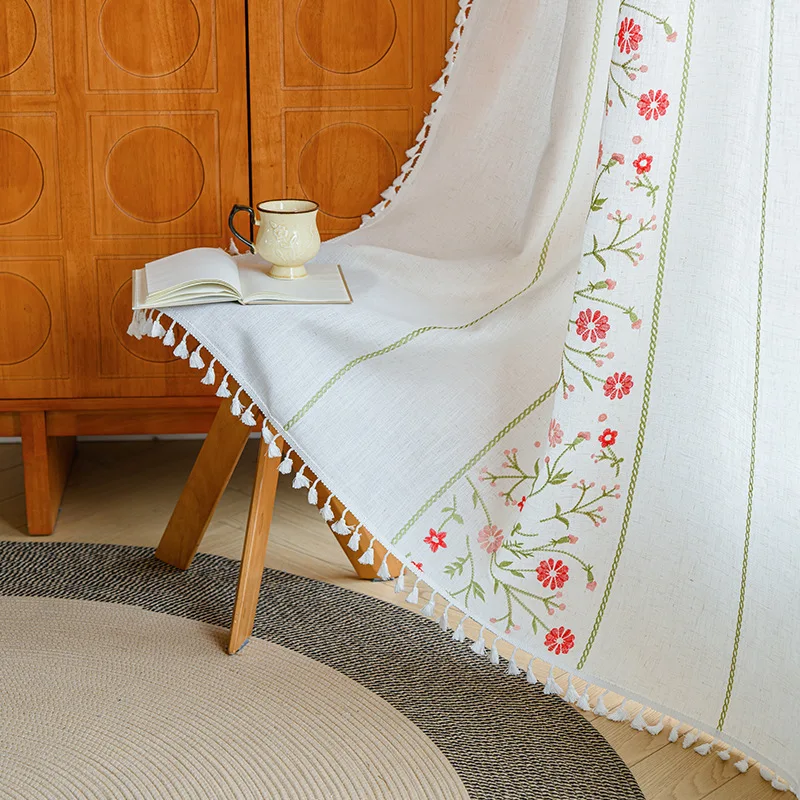 Floral Embroidered Curtains,Semi Sheer Tassels Linen Drapes for Living Room,Boho Light Filtering Cottage Curtain with Rod Pocket