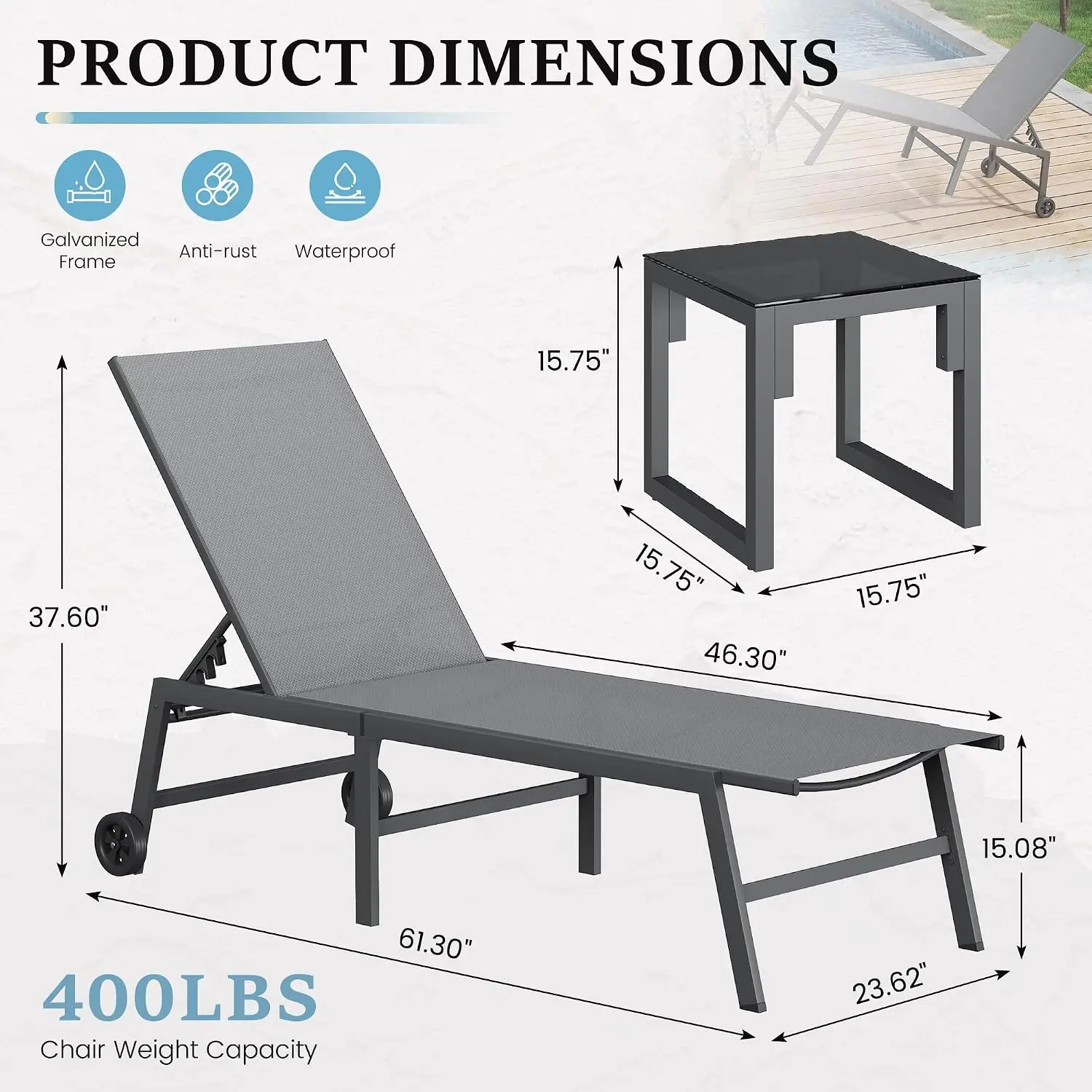 3 PCS Patio Lounge Chair Outdoor Chaise Lounges with Wheels & Side Table 5-Position Reclining Rust Free Patio, Customized