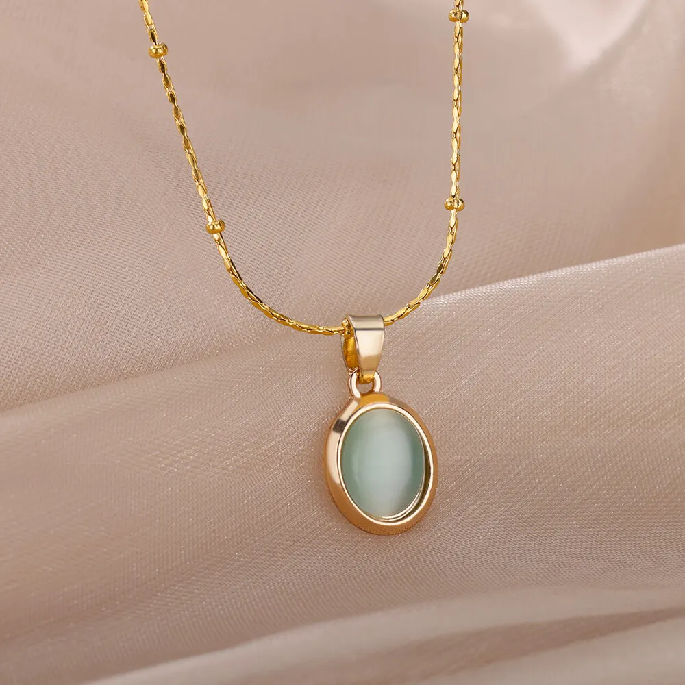 Colorful Stone Opal Oval Necklace For Women Gold Color Stainless Steel Chain Stone Pendant Necklace Classic Aesthetic Jewelry image 3