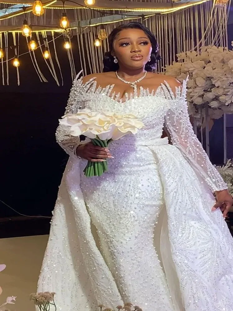 

Modern Full Beads Pearls Long Sleeves Mermaid Bridal Dress with Overskirt Off the Shoulder Plus Size Robe De Mariage Gowns