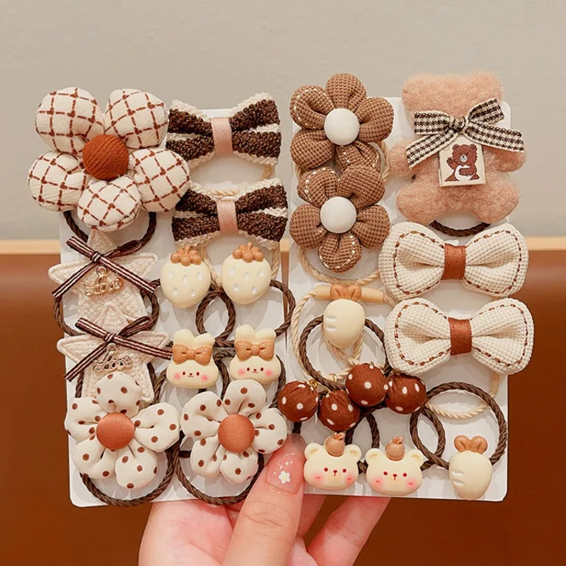 

Набор резинок для волос с коричневыми бантиками и цветами для девочек: высокоэластичные, мягкие, нескользящие, милые резинки для хвостиков, повседневный подарок для детей