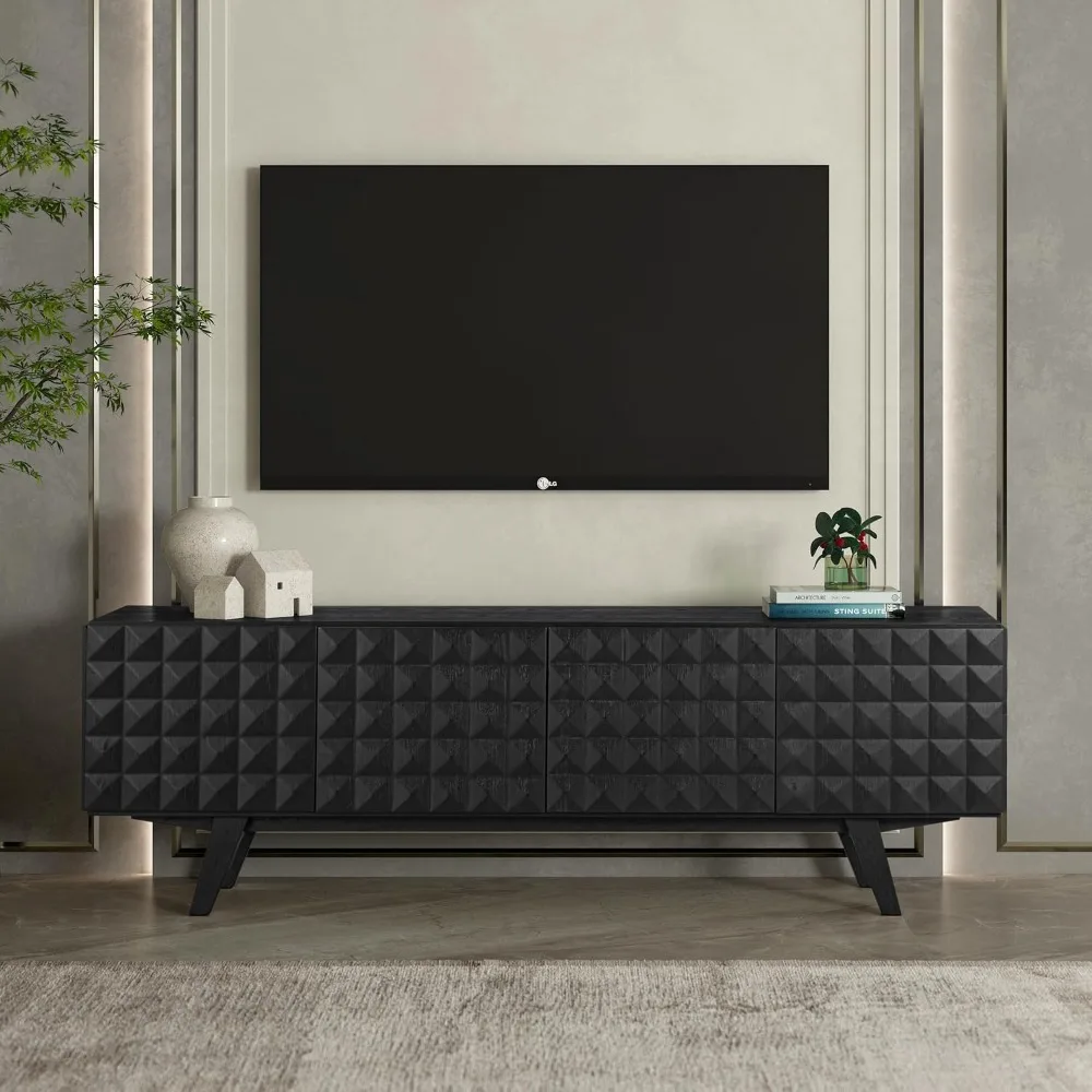 

Sapa Mid-Century Modern Solid Wood TV Stand 4-Door Media Console with Carved Geometric Fronts for TVs up to 75, Effortless A