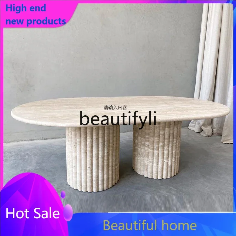 

zJNordic natural marble coffee table model house B & B living room light luxury travertine coffee table