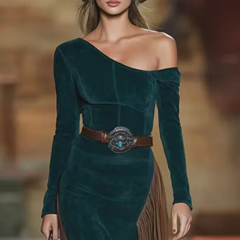 Femme Sexy épaules nues robe de soirée creuse Vintage Imitation daim Patchwork gland robe nouveau automne à manches longues mince Boho robe