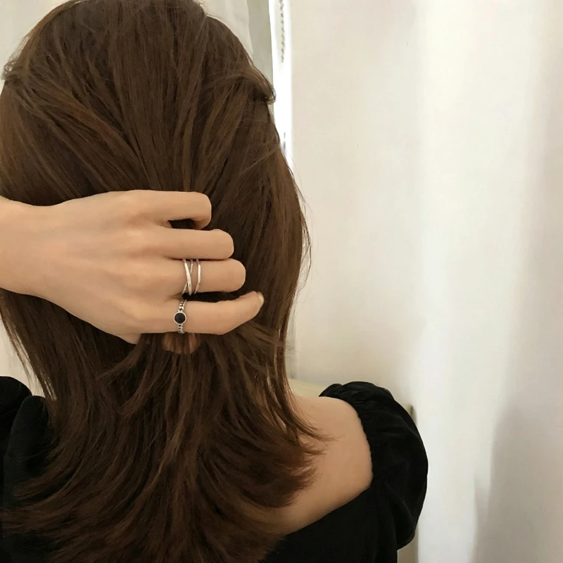 Women's 925 Sterling Silver Adjustable Black Stone Stackable Ring