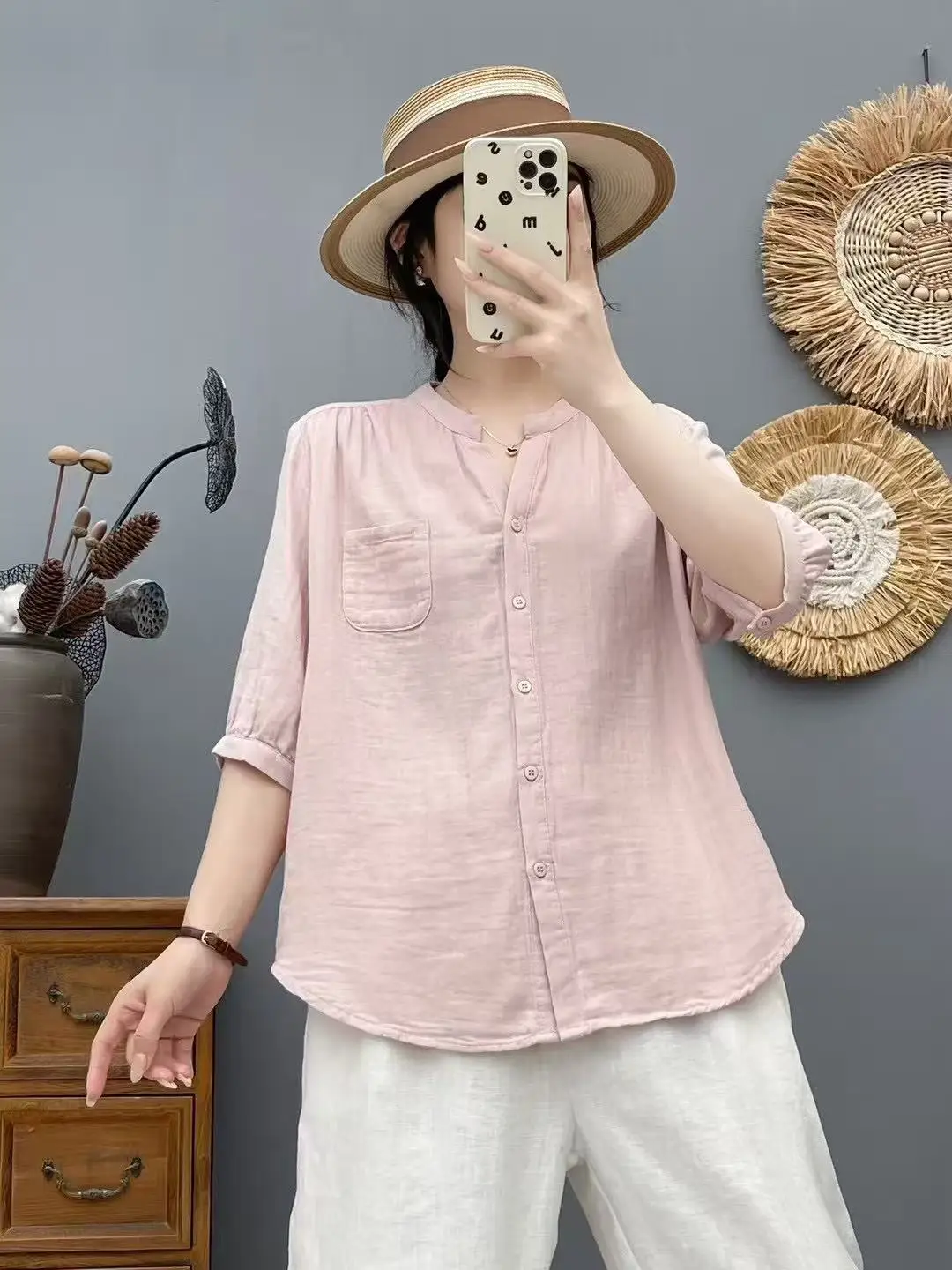 New 2025 Summer Cotton Yarn Half Sleeve Shirt, Women V Neck Pocket Solid, Mori Girl OL Versatile Casual Loose Blouse T55545CC