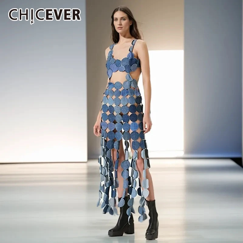 

CHICEVER Solid Hollow Out Sexy Dresses For Women Square Collar Sleeveless Backless High Waist Spliced Tassel Chic Dress Female