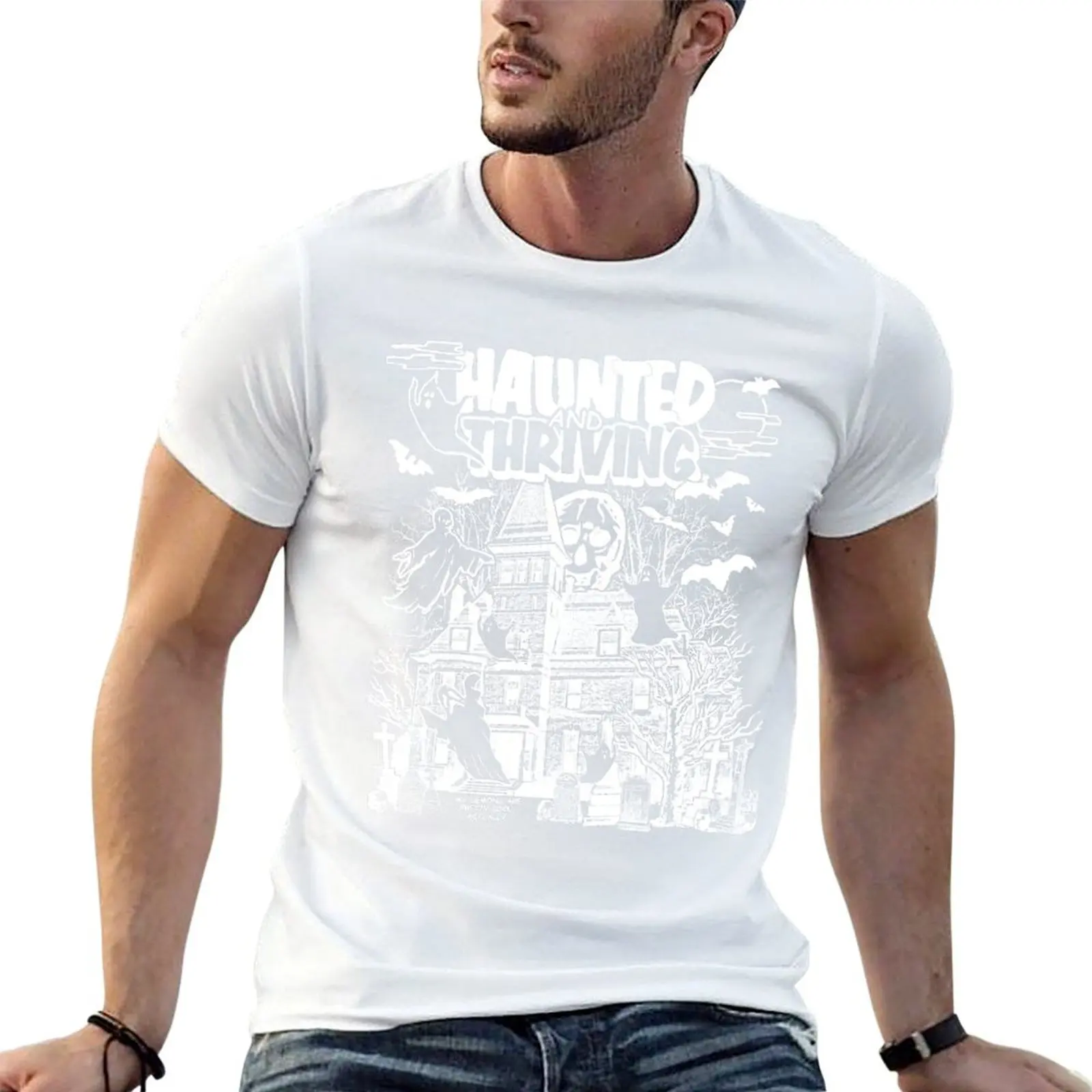T-Shirt Haunted & Thriving (blanc) pour homme, t-shirt graphique, t-shirts anime pour homme, t-shirts en coton 100% pour homme