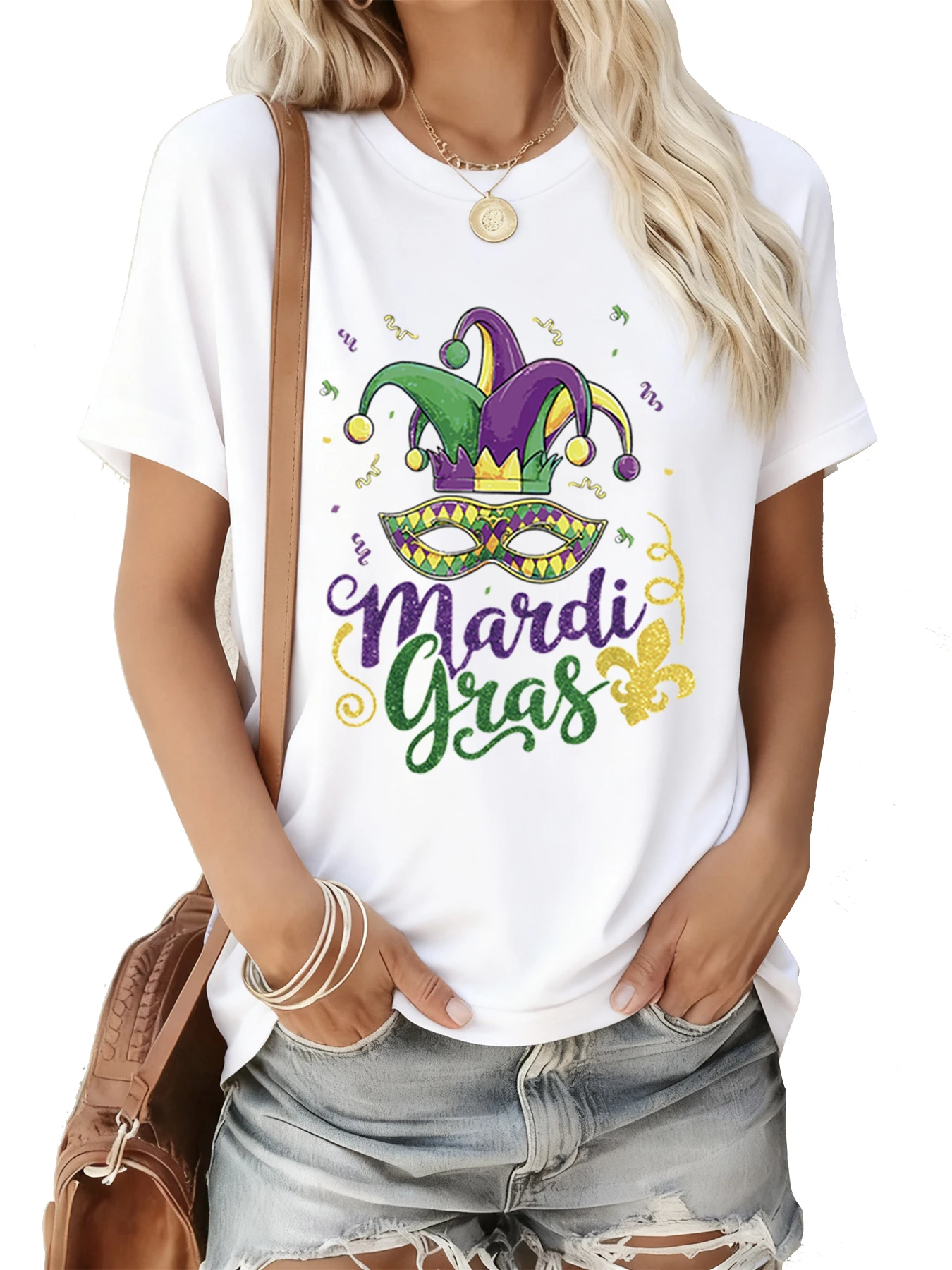 

Women's Mardi Gras Short-Sleeve Tee | Carnival Jester Hat & Mask Print | Soft Comfy | Casual/Parties | Black & White | Gift Idea