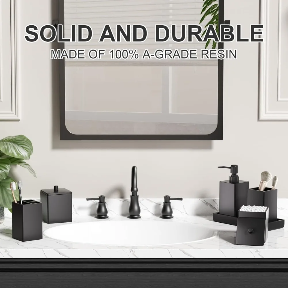 مجموعة إكسسوارات الحمام السوداء من الراتنج 6 قطع، مجموعة حوامل فرشاة الأسنان المربعة كاملة مع موزع الصابون، صينية الغرور، بهلوان، #2