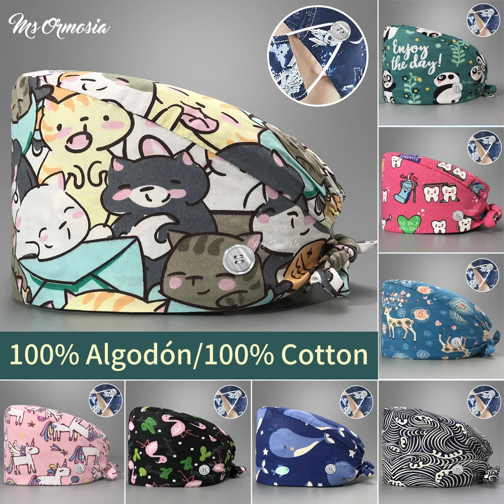 Moda cotone simpatico uccello cartone animato stampa cappelli cappello Scrub regolabile salone di bellezza berretto infermieristica laboratorio negozio di animali moda scrub caps