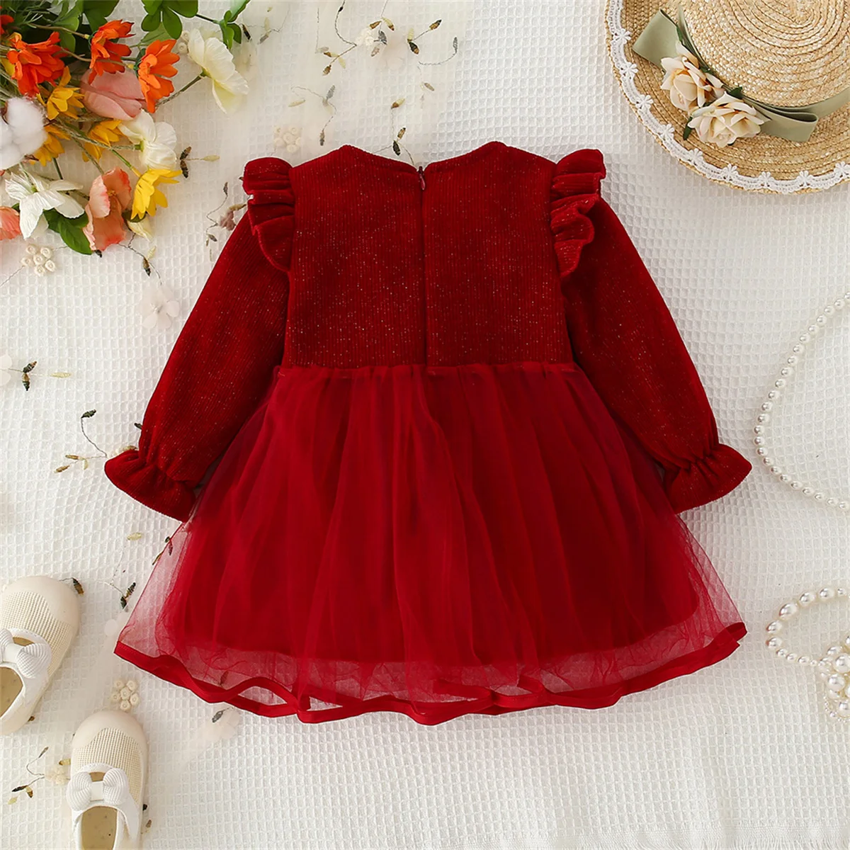 Autumn Girl Bow Long Sleeve Mesh Princess Dress With Lace Decoration Solid Round Neck Birthday Red Sweet Dress