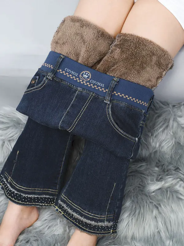 

Джинсы с высокой талией из утолщенного бархатного флиса для женщин, осенне-зимние, свободного кроя, больших размеров, с флисовой подкладкой, расклешенные леггинсы