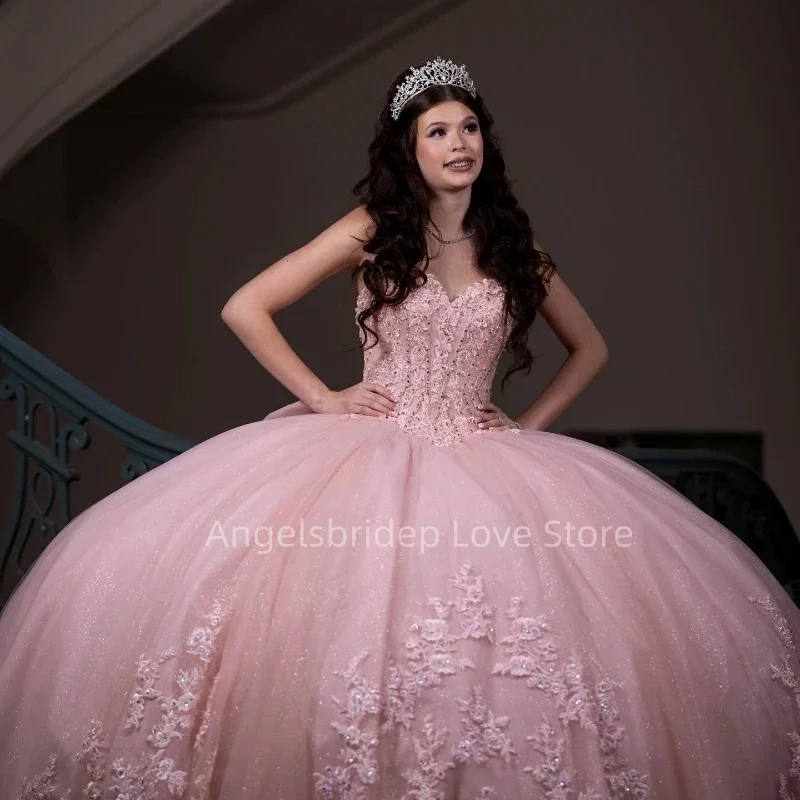 Angelsbridep-Vestido sin mangas De quinceañera para mujer, traje rosa con hombros descubiertos y lazo, para fiesta De noche, 15 Años