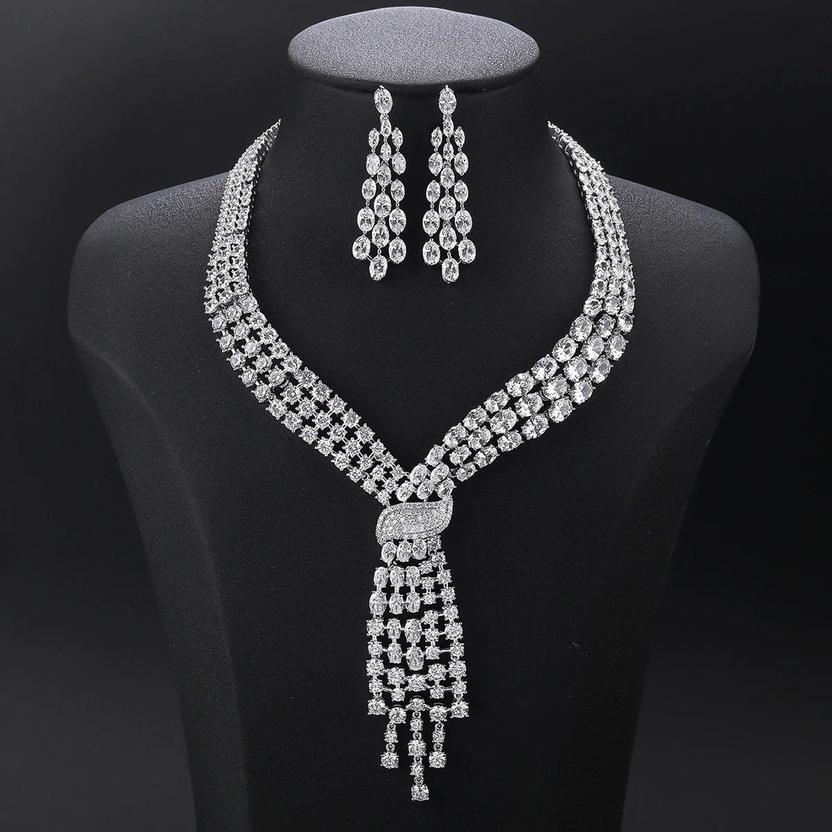 

Luxury 2 Piece Tassel Necklace Cubic Zircon Jewelry Set Women Wedding European Party Jewelry Set CN10164A