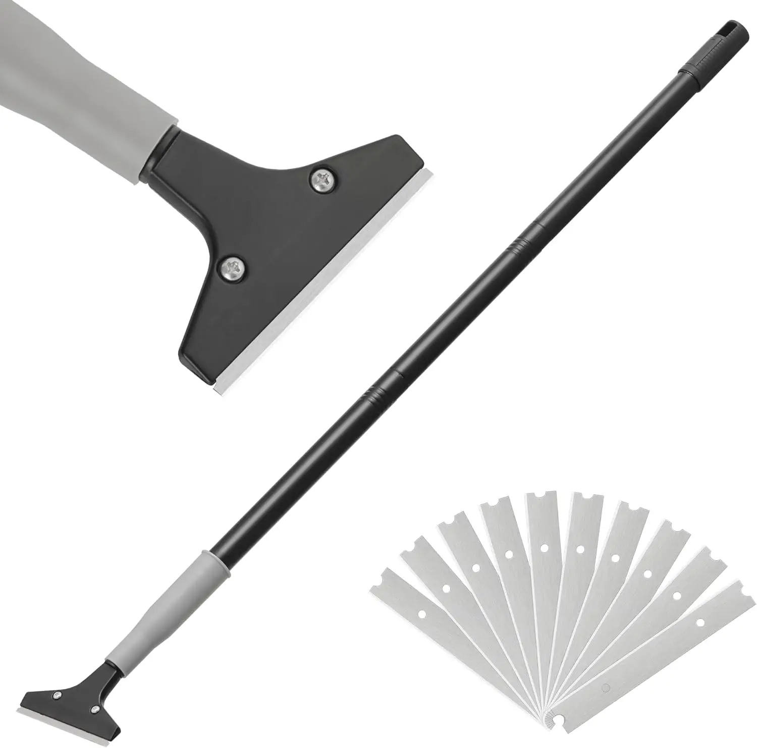 

50 Inch Long Handle Floor Scraper with 10 Blades, Heavy Duty Razor Blade Tool for Cleaning Tile, Glass, and Walls