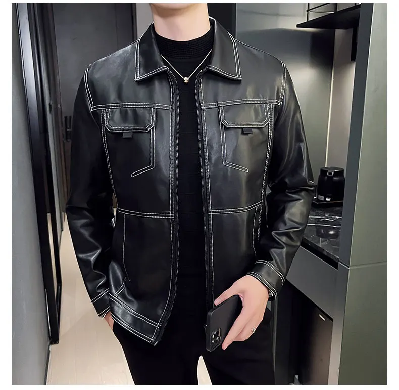 

Men's Motorcycle Leather Jacket Stand Collar Solid Black PU Top Trend Windproof Streetwear Faux Leather Coat Spring Autumn Style