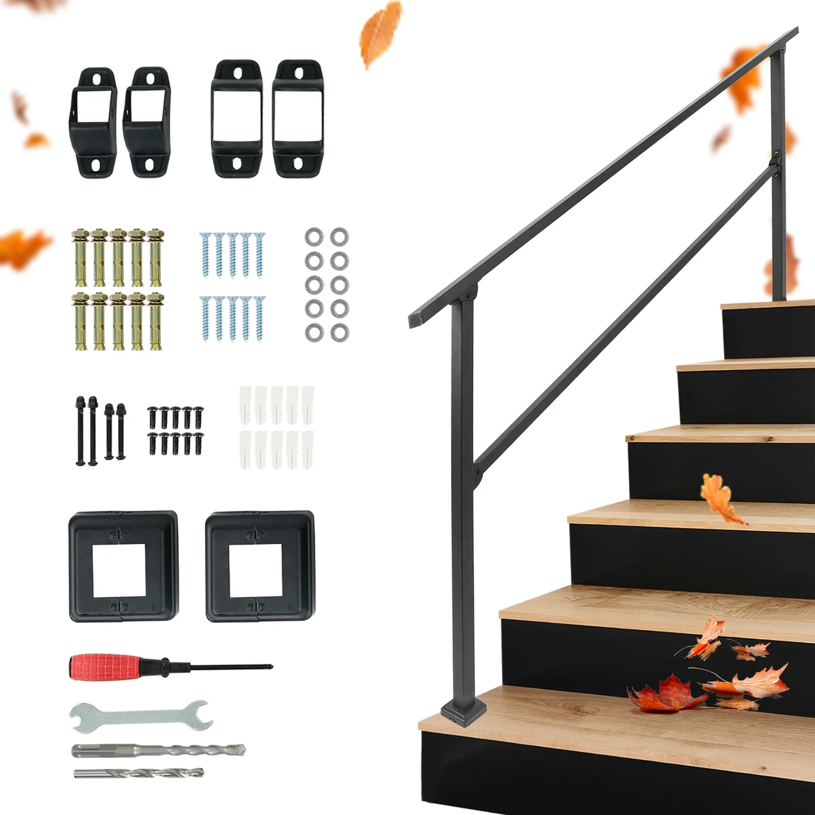 

6 Steps Handrails Deck Stair Railing Indoor Black Hand Rails for Outdoor Steps