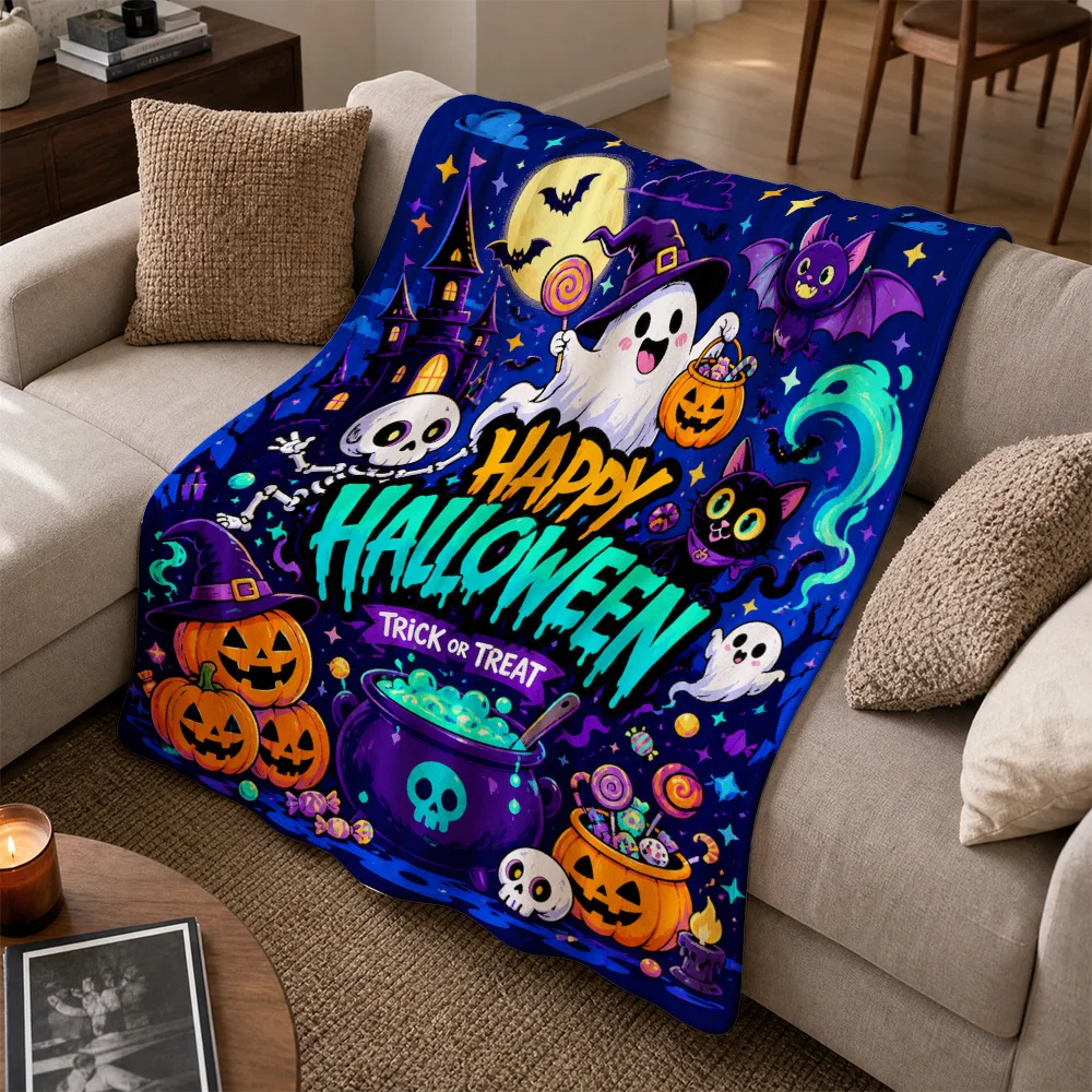 Festive Halloween Throw Blanket Sofa Cozy Decorative Pumpkin Witch Ghost Print Fall Seasonal Decor Trick or Treat Haunted House