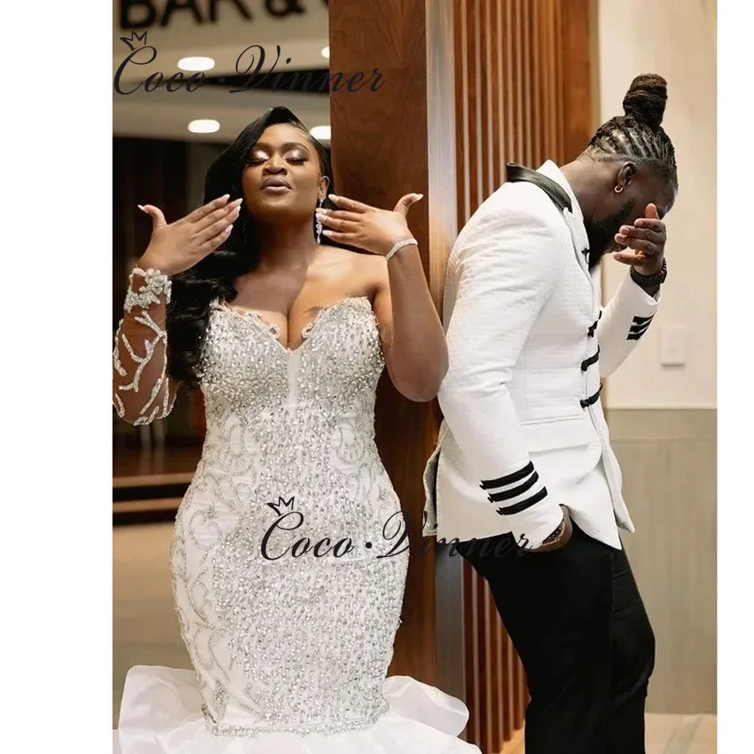 

Customized Sweetheart Neckline One Sleeve 2026 Africa Wedding Dresses Mermaid Style Ruffle Train Beading Bride Dress W1482