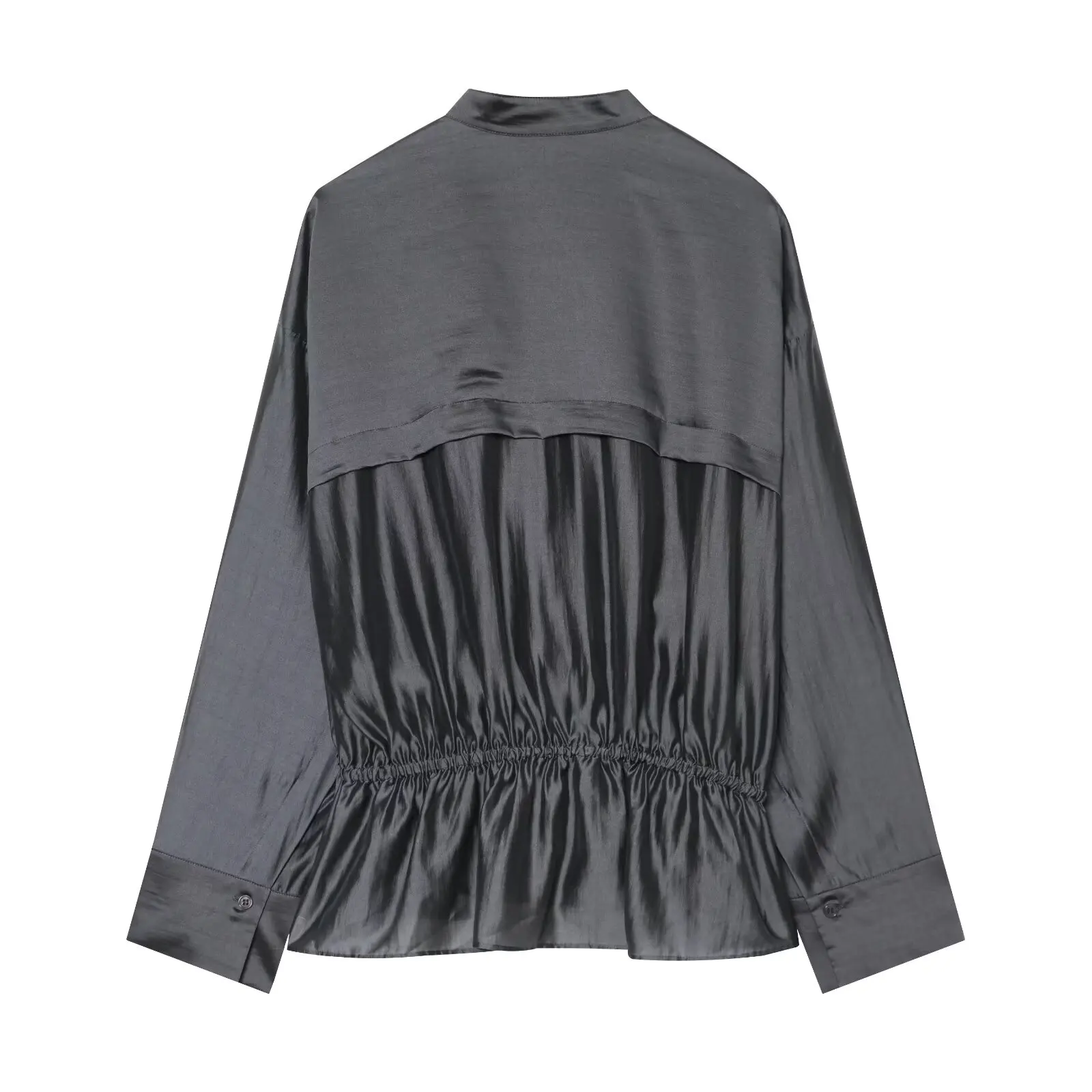 BSAY Women's Double Placket Draped Blouse Stand Collar Long Sleeve Drawstring Waist Wrap Top Casual Elegant Office Ladies Shirt
