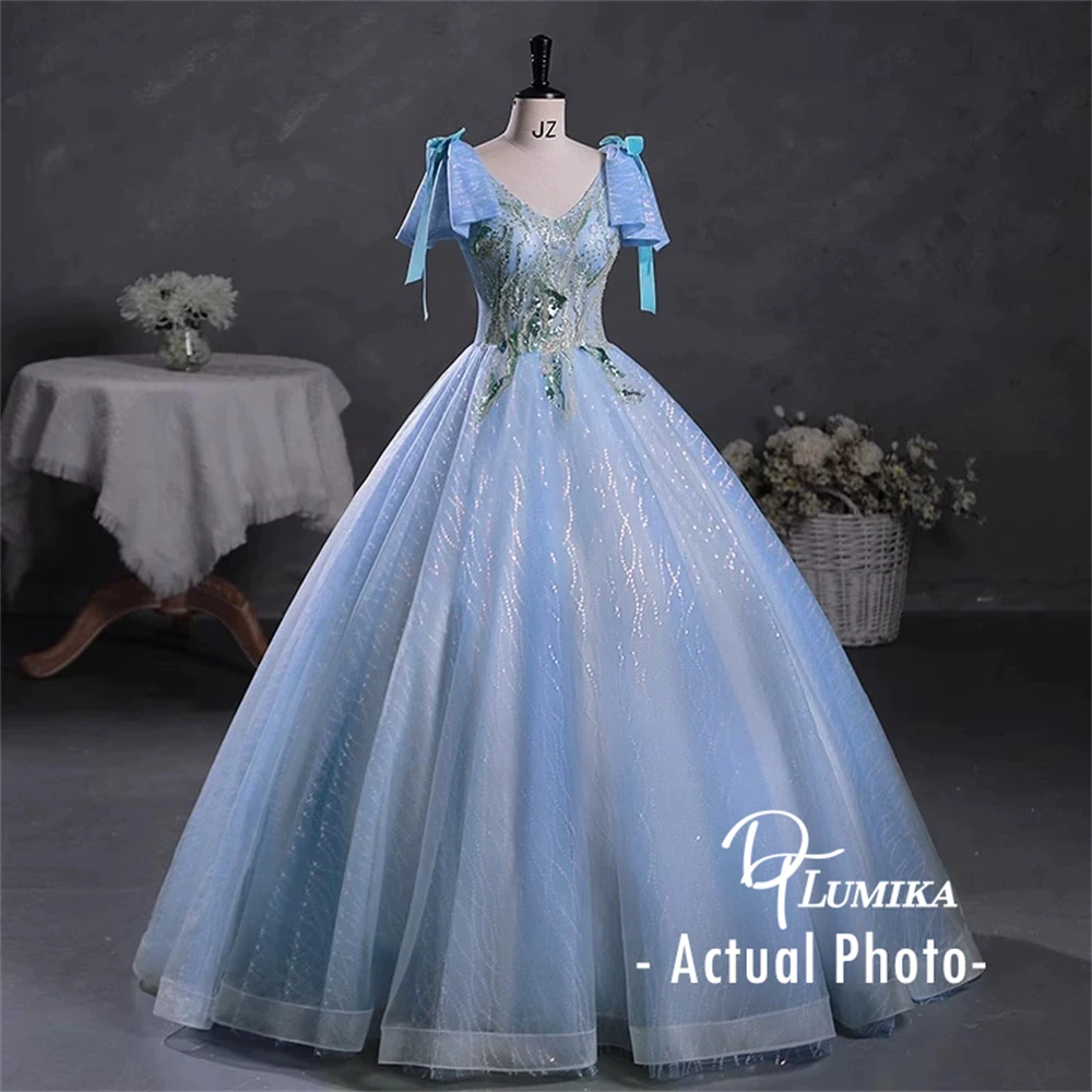 DTLumika Lovely Bow Shoulder Beaded Quinceanera Dresses for Women Ball Gown V Neck Sweet 15 Dresses Blue Corset Prom Party Gowns