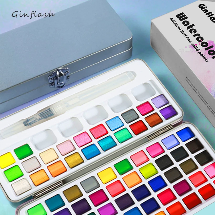 Ginflash 72 Glitter colors Solid Pigment Watercolor Paints Set Metallic Water Color Portable Brush Pen Professional Painting