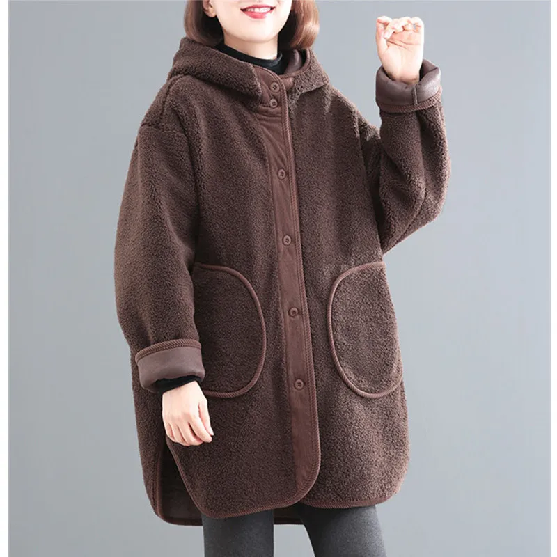 2024 Winter New Korean Loose Lamb Wool Coat Women\'s Thicken Cotton Jacket Ladies Hooded Coat Female Warm Long Parkas Overcoat