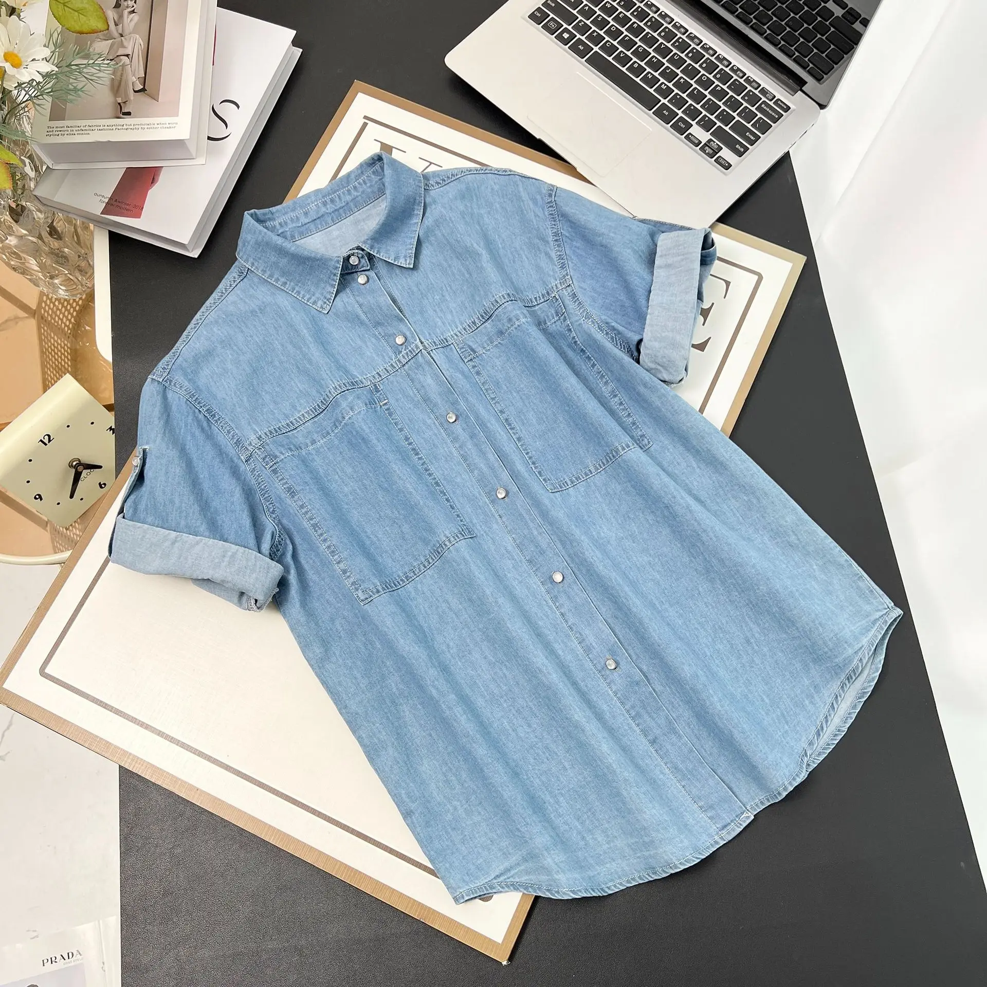 100กก.เสื้อฤดูร้อนแฟชั่นใหม่ครึ่งแขนเสื้อDenim Plusขนาดผู้หญิงTop 7149