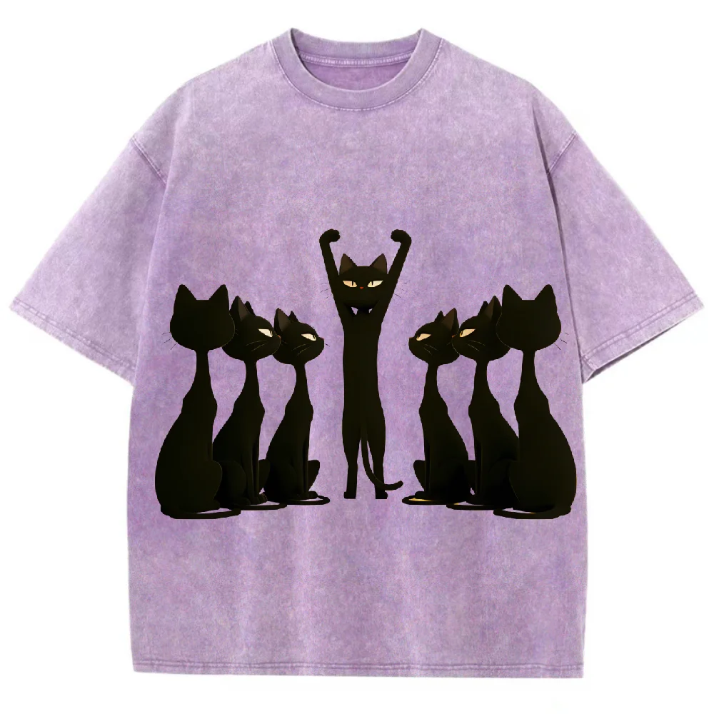

Black Cat Group Print Oversized T Shirt Unisex Casual Vintage Graphic Tee for Cat Lovers Daily Wear Tops Gift for Pet Enthusiast