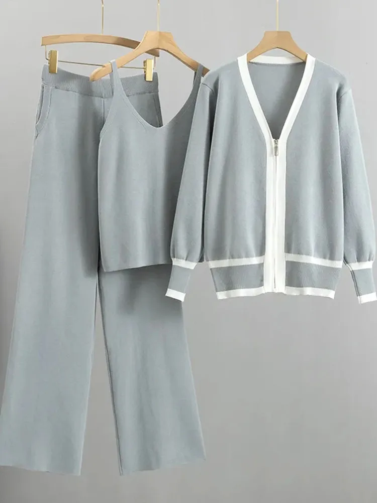 Primavera autunno 3 pezzi set Cardigan allentato Ensemble gilet senza maniche Conjuntos vita alta gamba larga pantalone tute in maglia morbida tuta