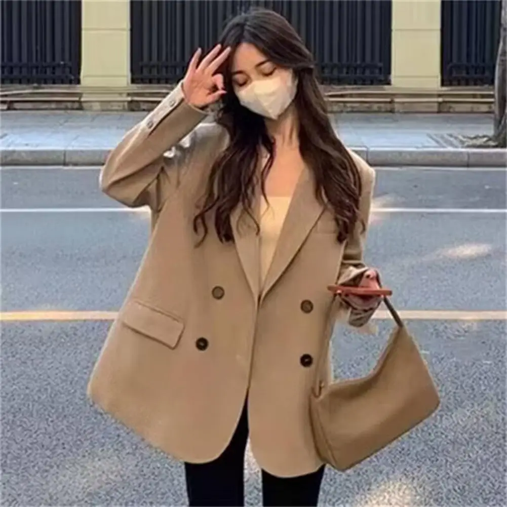 Lapel Long Sleeve Suit Jacket Elegant Women's Double Breasted Suit Jacket with Lapel Design Flap Pockets Stylish for Versatile