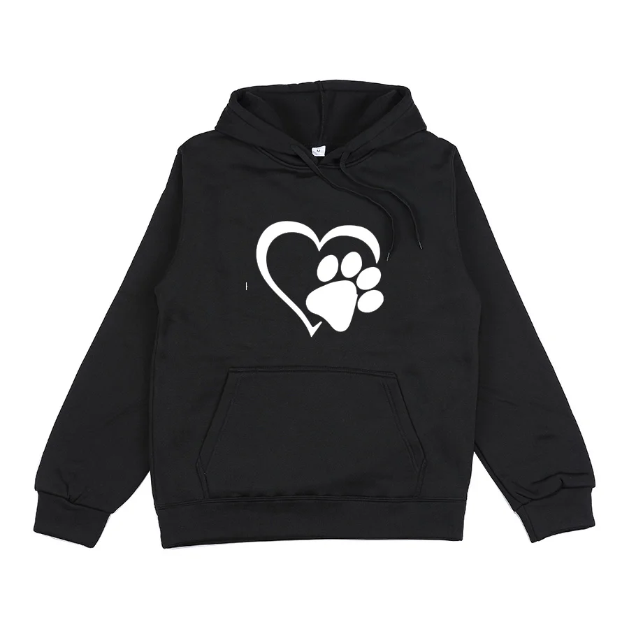 New Cute Dog Paw and Heart Shape Print Hoodies Women Casual Long Sleeve Hoodies Autumn Winter Pullovers Plus Size