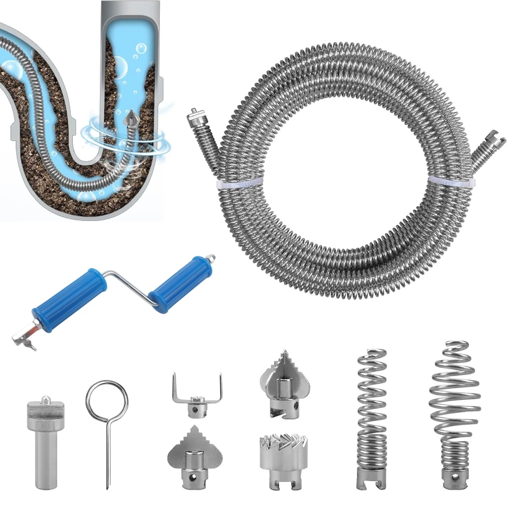 1set Pipe Cleaning Spiral Steel 3 Meters Drain Cleaner Cutting Heads Pipe Unclogging Tool For Kitchen Sink Toilet Floor Drain