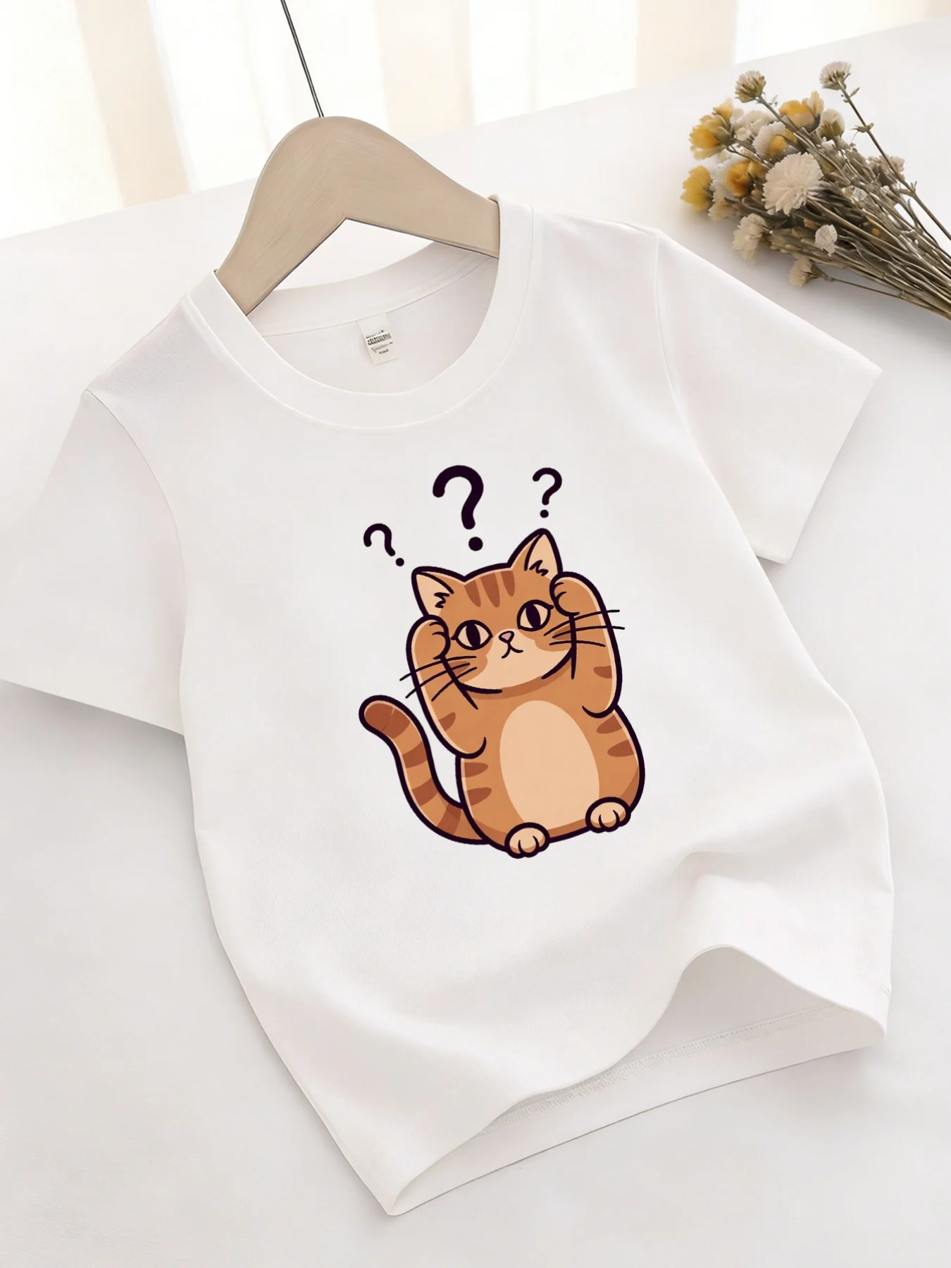 Adorable Thinking Ginger Cat Lovely Pet Cartoon Print Kids T Shirt Boys Girls Family Matching Summer Crew Neck Casual Tee