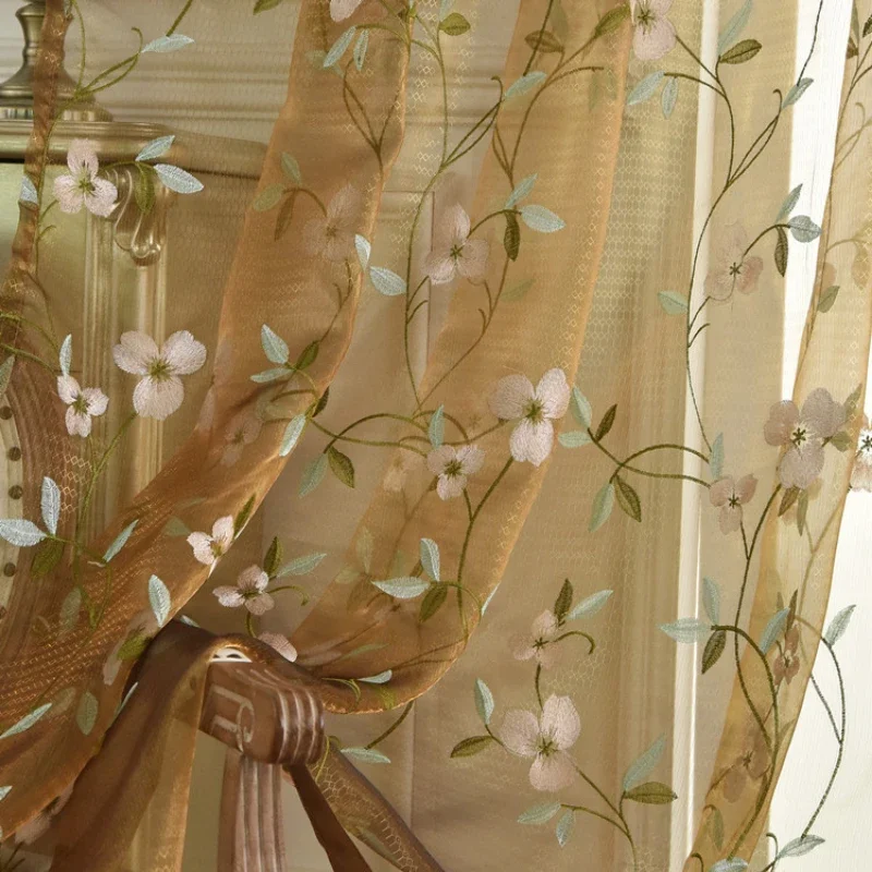 Chinese Retro Magnolia Flower Embroidery Coffee Colored Screen Translucent European Classical Living Room Balcony Window Screen