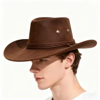 Western Cowboy Hat Vintage Wide Brim, Sun Protection Outdoor Hat for Riding Camping Hiking, Solid Color Jazz Basin Hat