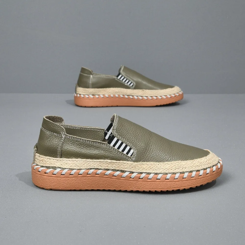 Casual Shoes Men's New Summer Man's Genuine Leather Hand Sewn Grass Woven Fishing Shoes Casual One Foot Mens Shoes Loafers Man image 5