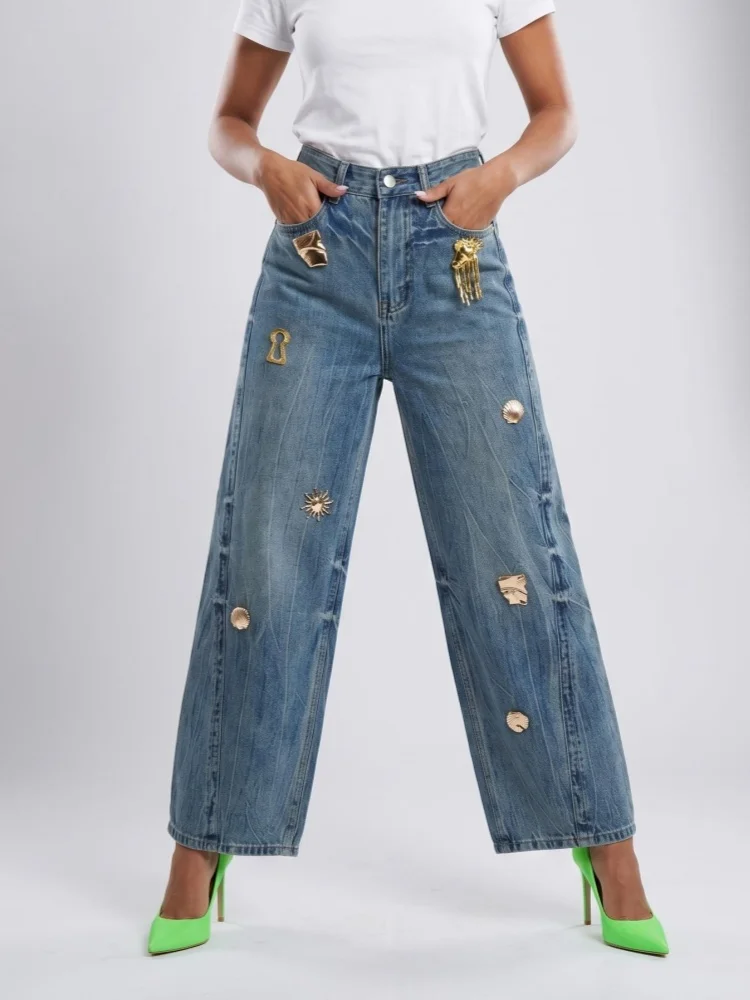 2026 Trend Y2K Style Metal Decoration Design Washed Blue Baggy Women's Jeans Pants For Woman Clothing Straight Denim Trousers