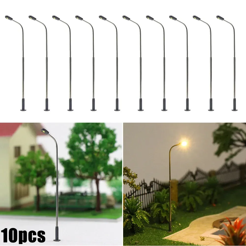 10Pcs Model Railway Warm White Lamp Post Street Light Single Head H0 TT Single Headlight 1:50 Perfect For Rail & Building Layout