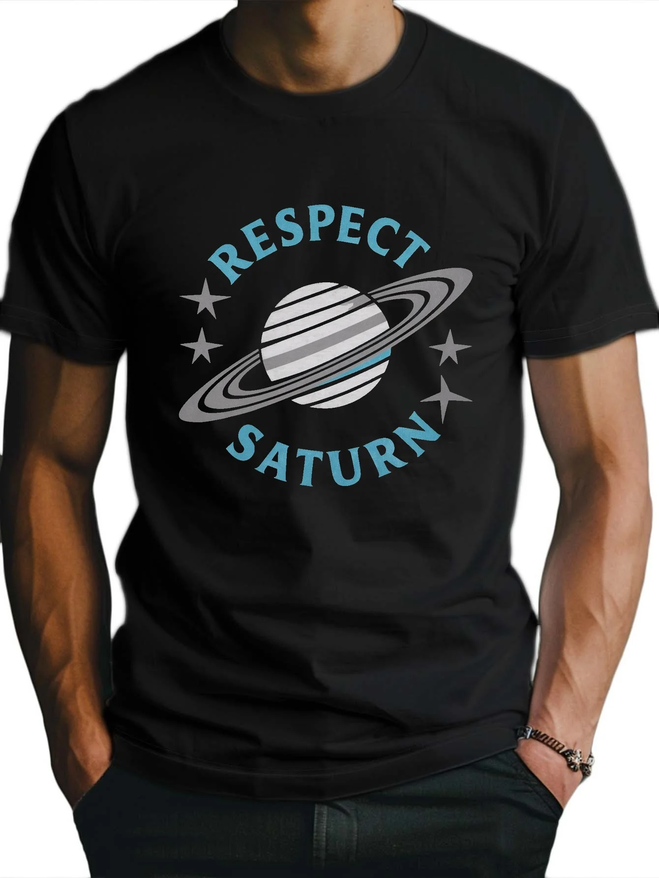 

Planet Pattern And "RESPECT SATURN" Letter Print Crew Neck Short Sleeve T-shirt, Casual And Stylish Tops For Men's Summer Daily