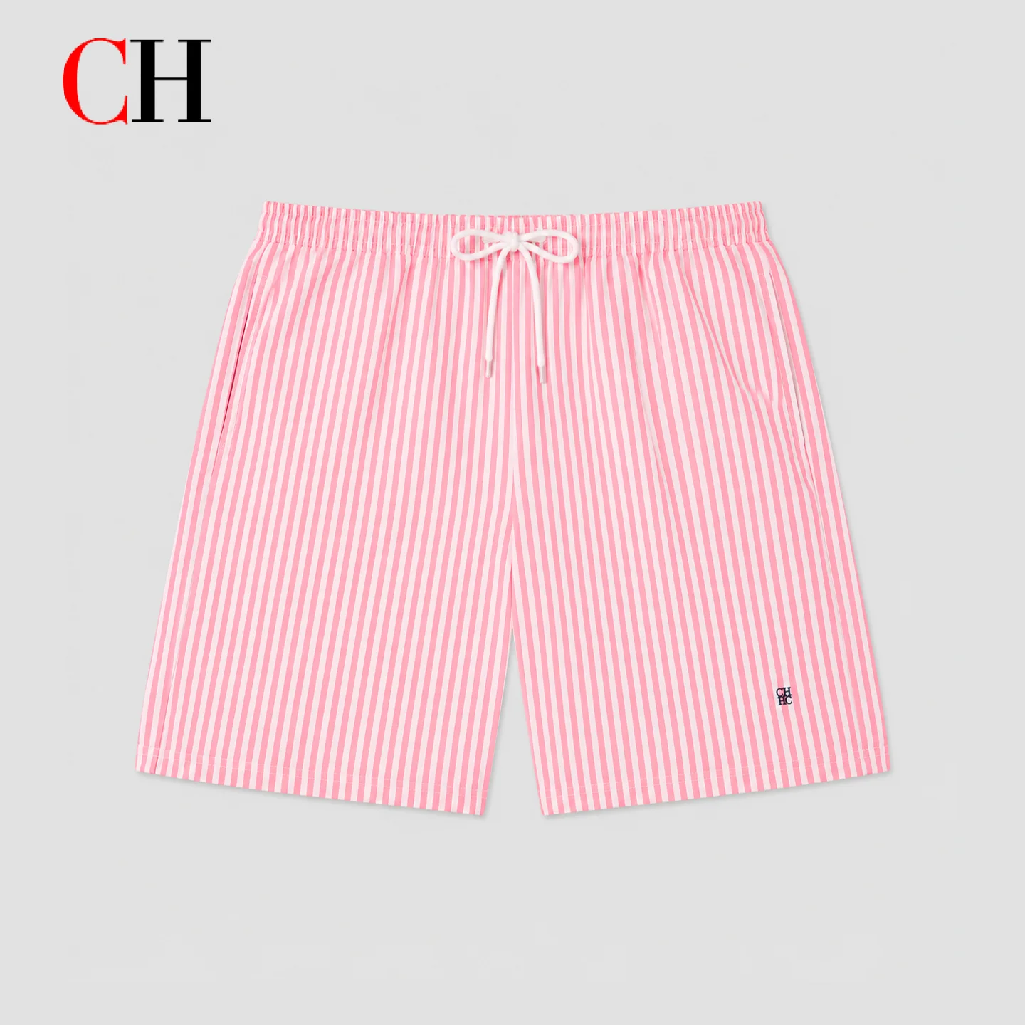 CH Men Striped Shorts Summer Casual Drawstring Elastic Waist Beach Vacation Loose Fit Pink White Bermuda Short Pants