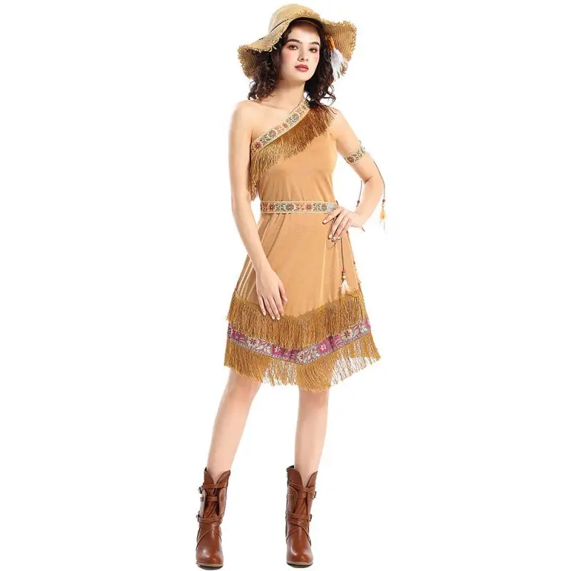 Brown Tassels Dresses Indian Princess Cosplay One Shoulder Dress  Belt Headwear Arm Ring 4PCS Set Halloween Cos Wildman Outfit