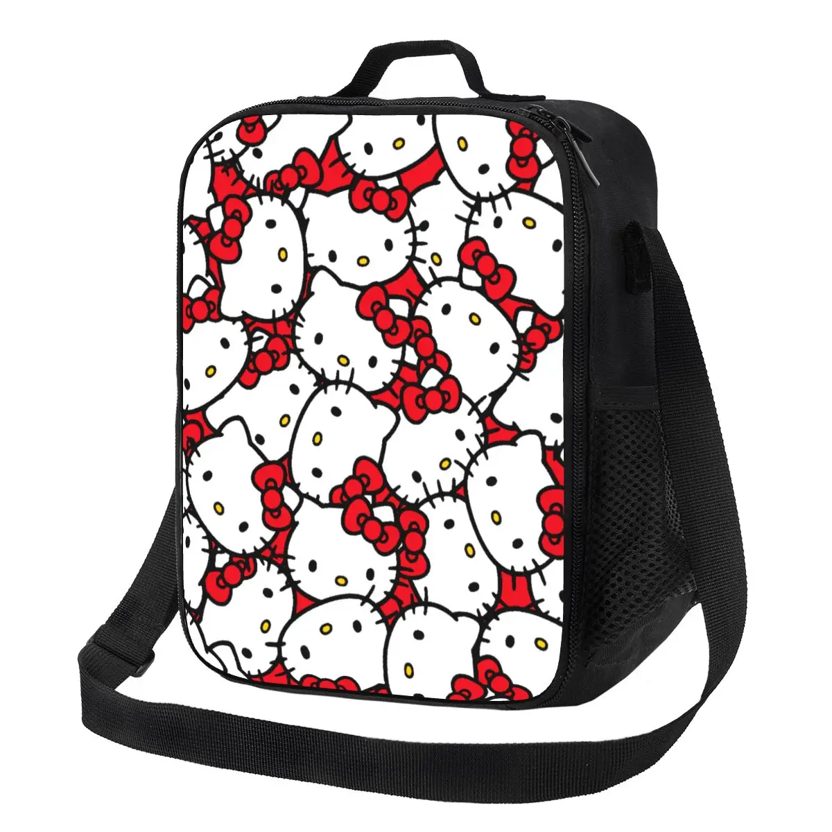 Custom Red Bow Hello Kitty Insulated Lunch Bags for Outdoor Picnic Cute Cat Resuable Cooler Thermal Lunch Box Women Kids