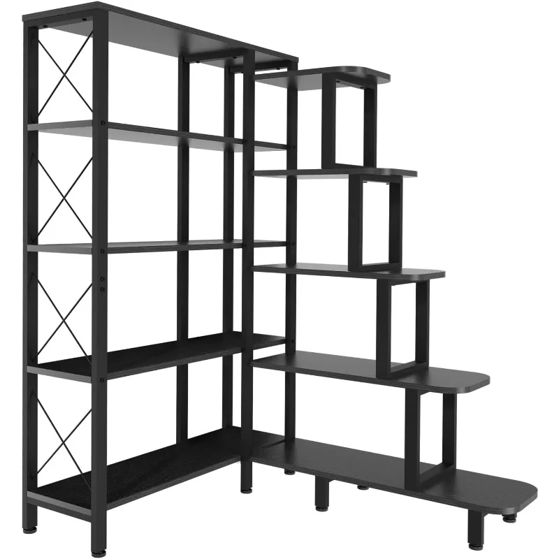 PONROL Corner Bookshelf Bookcase, Large Reversible 5 Tier Ladder Shelves Storage Display Rack with Metal Frame, Black