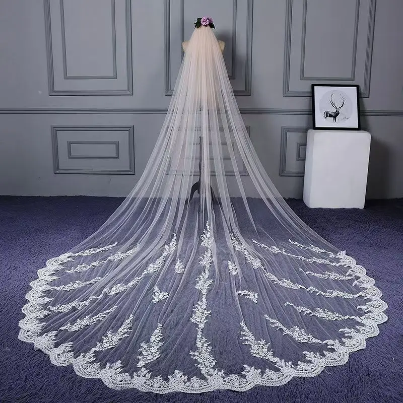 Real Photo 3m One Layer Wedding Veil With Comb White Lace Edge Bridal Veils Ivory Appliqued Cathedral Wedding Veil