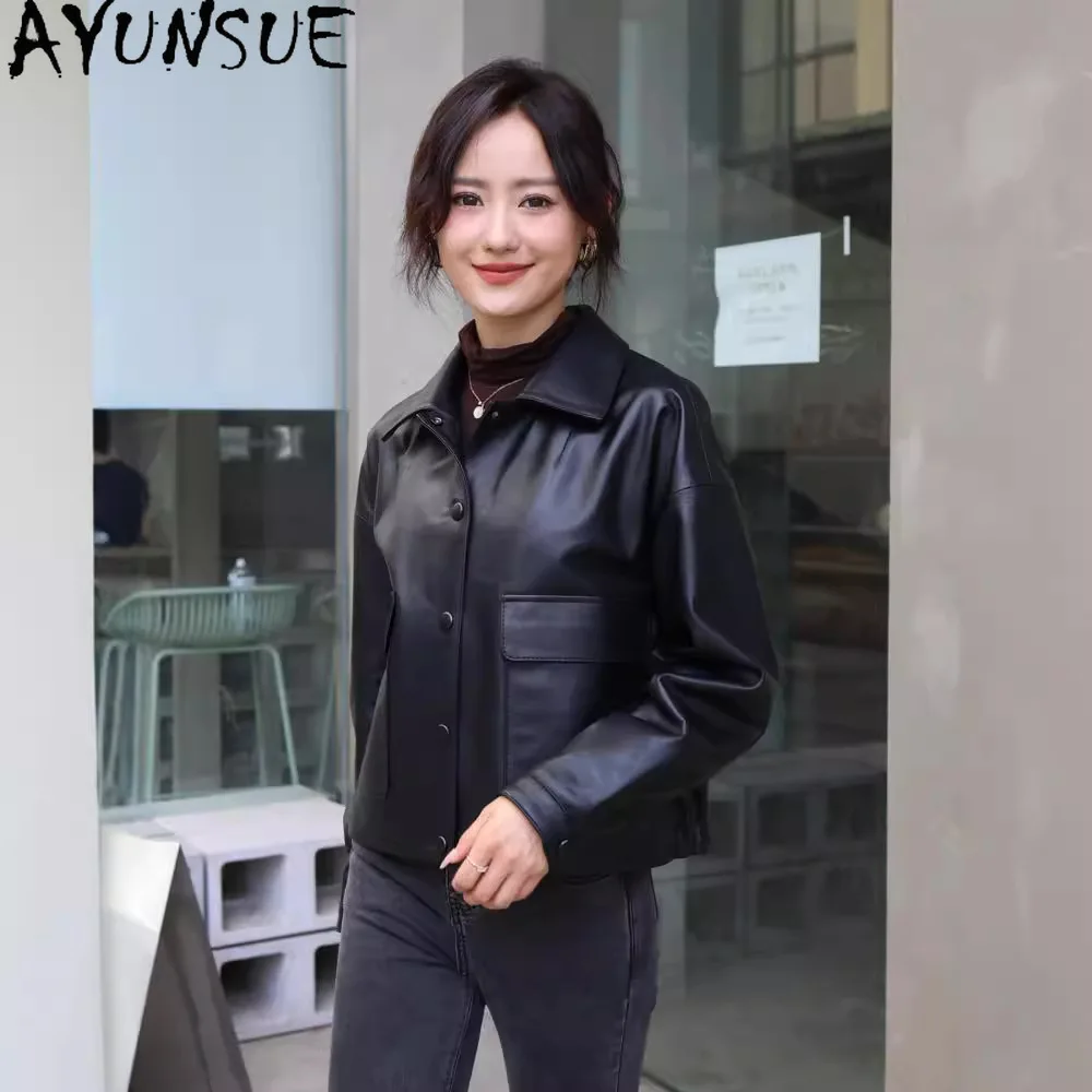 AYUNSUE Giacca in vera pelle da donna 2025 Cappotto in vera pelle di pecora Cappotto casual Loose Fit Primavera Autunno Vestiti Jaqueta De Couro