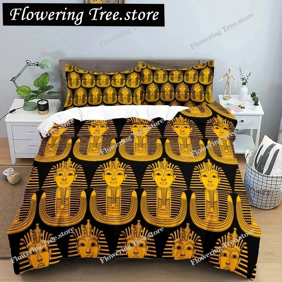 Ancient Egypt Pharaoh King Queen Duvet Cover African Egyptian Style Bedding Set for Teens Adults Black Tribe Ethnic Quilt Cover