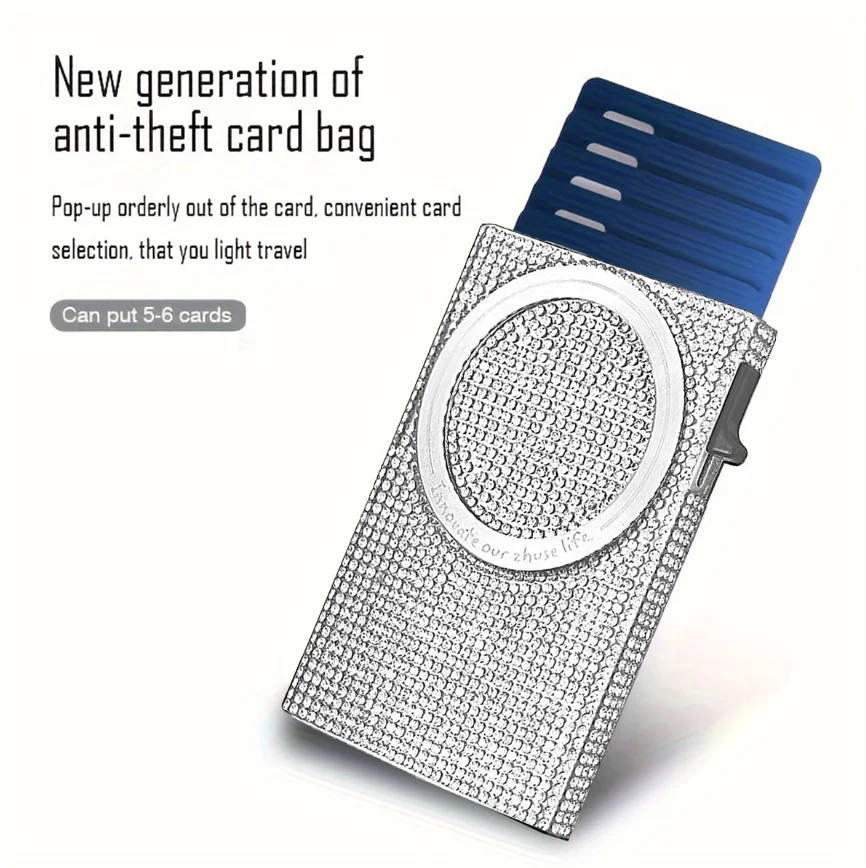 Women\'s Minimalist Aluminum Alloy Wallet, Magnetic Automatic Side-thrust Pop Up Card Holder With Anti-theft Brush Blocking